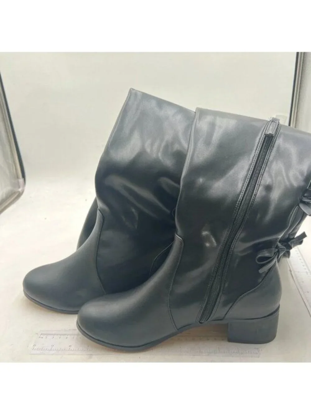 XYD Women Over The Knee Thigh High Boots Chunky Heel Round Toe Bowknots Black